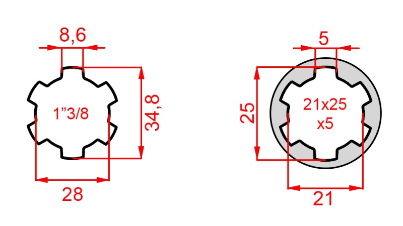 KARDANOVÝ ADAPTÉR Z 21x25x5 (6 DRÁŽEK) NA 1-3/8 (140 mm)