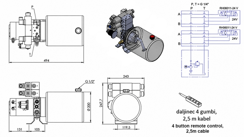 MINI ΥΔΡΑΥΛΙΚΗ ΜΟΝΑΔΑ ΙΣΧΥΟΣ 24V DC - 2.2kW = 2.1cc - 8 lit - 2x διπλής κατεύθυνσης μονάδα (μέταλλο)