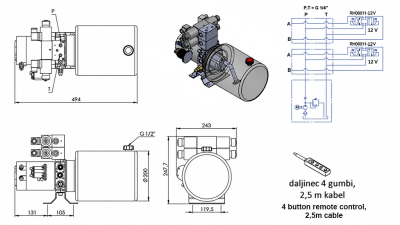 MINI HIDRAVLIČNI AGREGAT 12V DC - 1,6kW = 2,1cc - 8 lit - 2x dvosmerni sklop (kovinski)