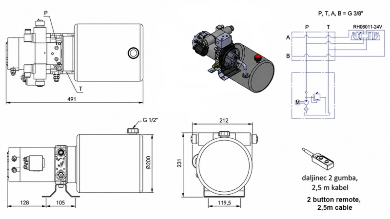 MINI HYDRAULICKÁ JEDNOTKA 24V DC - 2.2kW = 2.1cc - 8 lit - obousměrná jednotka (kov)