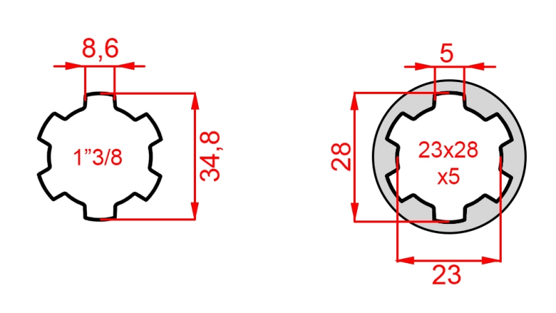 ADAPTATEUR CARDAN DE 23x28x6 (6 CANNELURES) À 1-3/8 (140 mm)