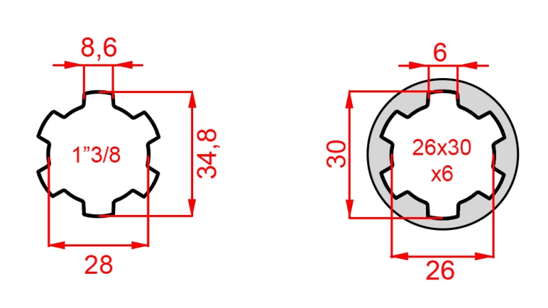 KARDANADAPTER FRA 26x30x6 (6 SPLINES) TIL 1-3/8 (140 mm)