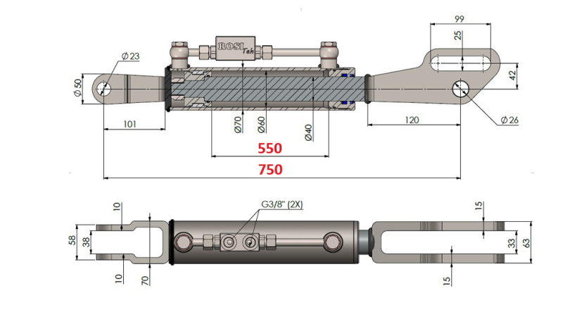 2TON. HÜDRAULILINE TÕSTE KESKTÕMMITS - KAHVEL 60/40-200 (550MM-750MM)