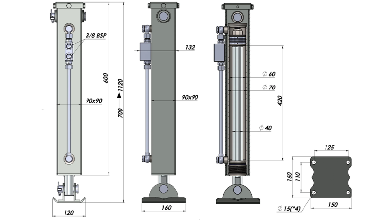DUBBELWERKENDE HYDRAULISCHE STEUNPOOT (90x90x700 mm) - SLAG 420 mm - 2.500 kg