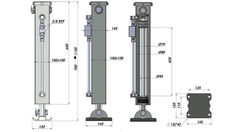 DWUSTRONNEGO DZIAŁANIA HYDRAULICZNA NOGA PODPOROWA (100x100x600 mm) - SKOK 420 mm - 5.000 kg