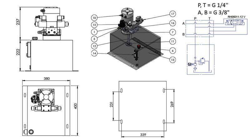MINI HÜDRAULILINE AGREGAT 12V DC - 1.6kW = 2.1cc - 25 l - kahepoolses suunas kokkupanek (metall)