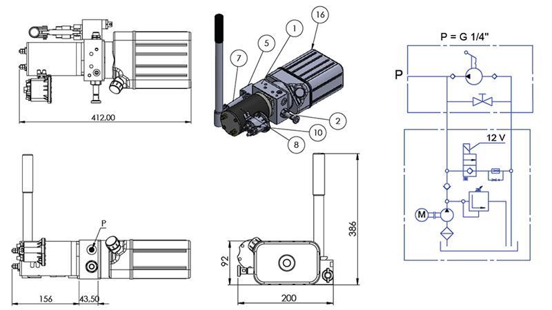 MINI HYDRAULISCH AGGREGAT 12V DC - 0.8kW = 0.5cc - 1.5 liter - eenfasige eenheid (PVC) met handpomp