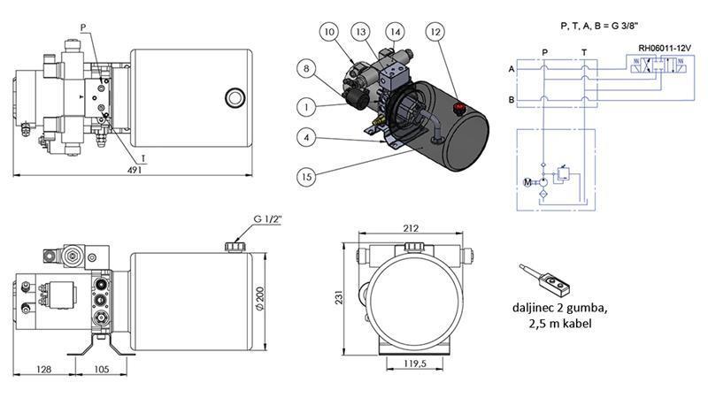 MINI HYDRAULISK AGGREGAT 12V DC - 1.6kW = 2.1cc - 8 lit - dubbelriktad montering (metall)
