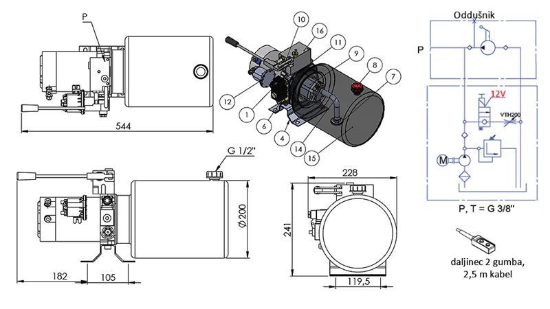 MINI AGGREGATO IDRAULICO 12V DC - 1.6kW = 2.1cc - 8 lit - assemblaggio unidirezionale CON POMPA MANUALE
