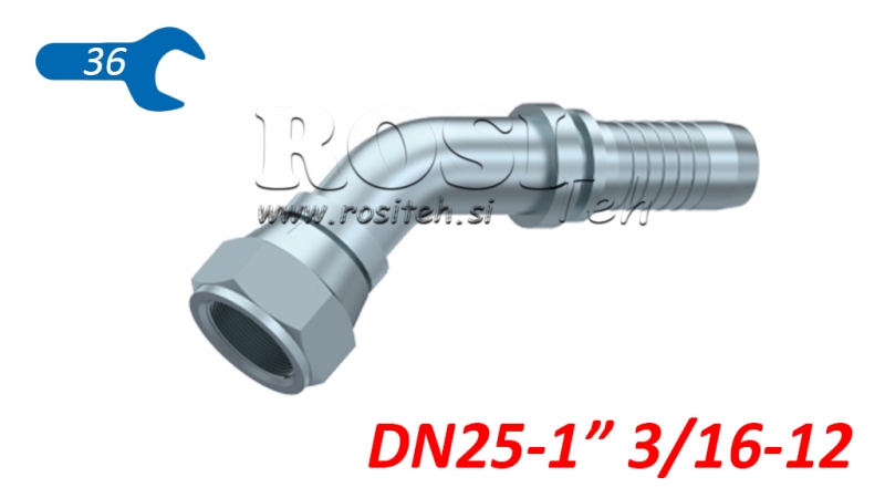 HÜDRAULINE ÜHENDUS DKJ JIC74° NAINE ELBOW 45° DN25-1 3/16-12