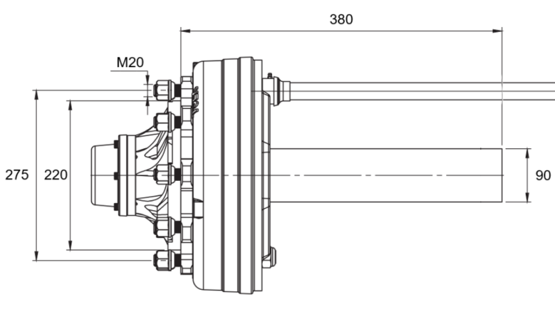 FÉLTENGELY FÉKKEL - 5000 kg (8 CSAVAR) - 380 mm