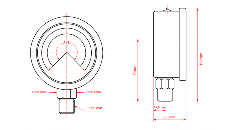 MANOMEETER DN100 PÜGAV 0 - 100 BAR - 1/2