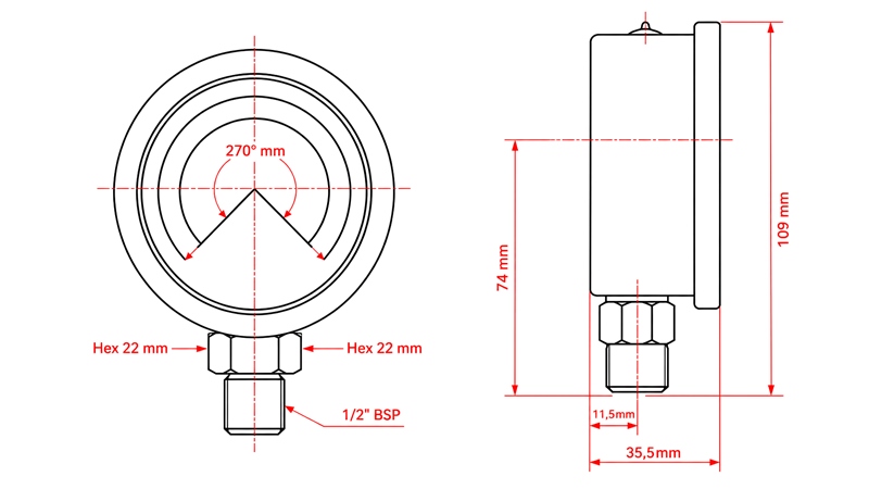 MANOMETRO DN100 VERTICAL 0 - 20 BAR - 1/2