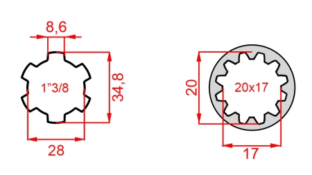 KARDANOVÝ ADAPTÉR Z 20x17 (12 DRÁŽEK) NA 1-3/8 (120 mm)