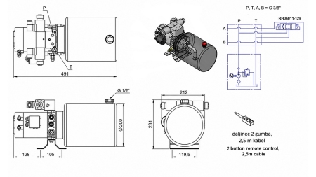 MINI HYDRAULISK POWER-PACK 12V DC - 1.6kW = 2.1cc - 8 lit - toveis enhet (metall)