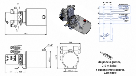 MINI HIDRAVLIČNI AGREGAT 12V DC - 1,6kW = 2,1cc - 8 lit - 2x dvosmerni sklop (kovinski)