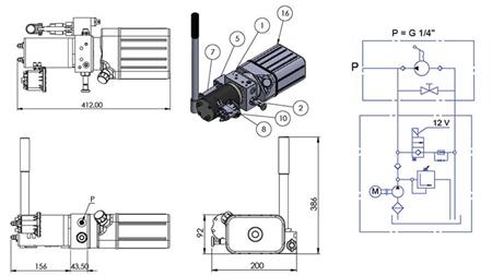 MINI HYDRAULISCH AGGREGAT 12V DC - 0.8kW = 0.5cc - 1.5 liter - eenfasige eenheid (PVC) met handpomp