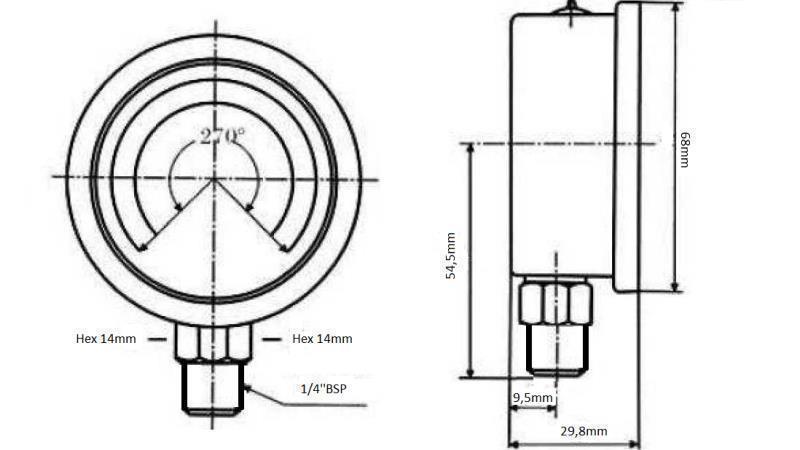 MANOMEETER DN63 VERTIKAALNE 0 - 10 BAR - 1/4-dimensions