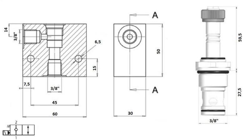 2-vejs ventil 3/8 (NC) 12V - 40lit - skema