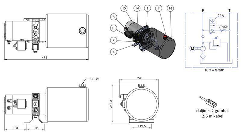 MINI HYDRAULISK AGGREGAT 24V DC - 2.2kW = 2.1cc - 8 lit - enkelt retningssamling (metal)