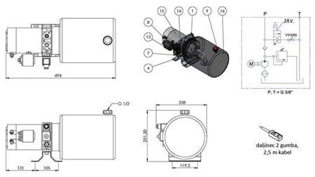 MINI HYDRAULISK AGGREGAT 24V DC - 2.2kW = 2.1cc - 8 lit - enkelt retningssamling (metal)